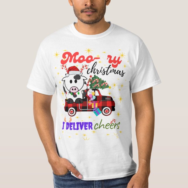 Camiseta Moo-ry Christmas Cow in Plaid Truck Holiday design (Frente)