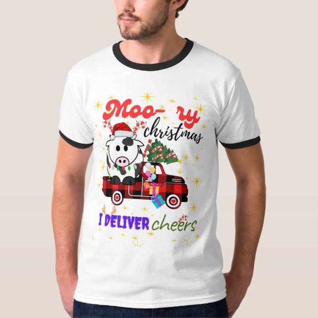 Camiseta Moo-ry Christmas Cow in Plaid Truck Holiday design (Frente)