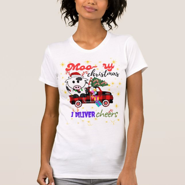 Camiseta Moo-ry Christmas Cow in Plaid Truck Holiday design (Frente)