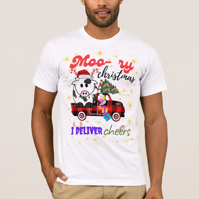 Camiseta Moo-ry Christmas Cow in Plaid Truck Holiday design (Frente)