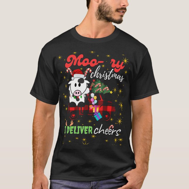 Camiseta Moo-ry Christmas Cow in Plaid Truck Holiday design (Frente)