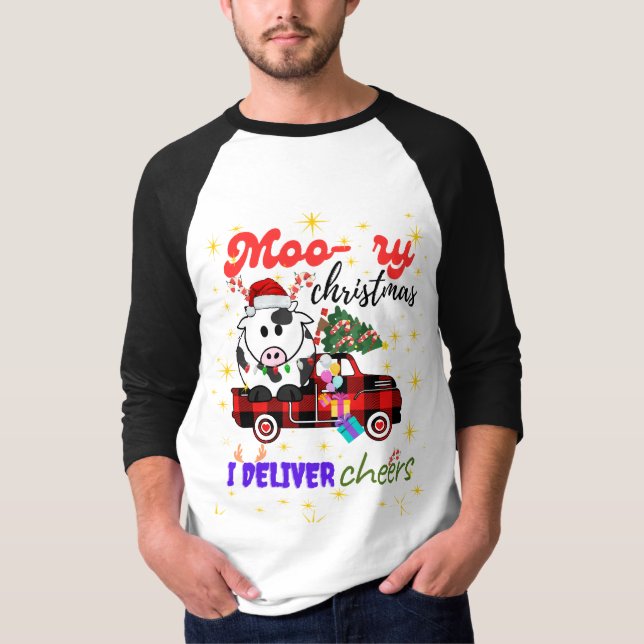 Camiseta Moo-ry Christmas Cow in Plaid Truck Holiday design (Frente)
