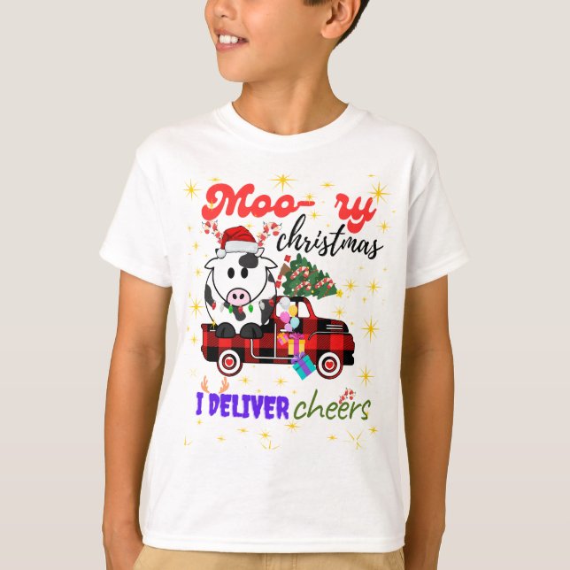 Camiseta Moo-ry Christmas Cow in Plaid Truck Holiday design (Frente)