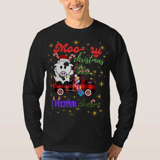 Camiseta Moo-ry Christmas Cow in Plaid Truck Holiday design (Frente)