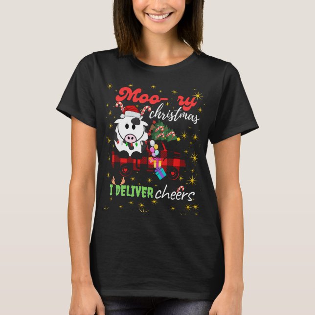 Camiseta Moo-ry Christmas Cow in Plaid Truck Holiday design (Frente)