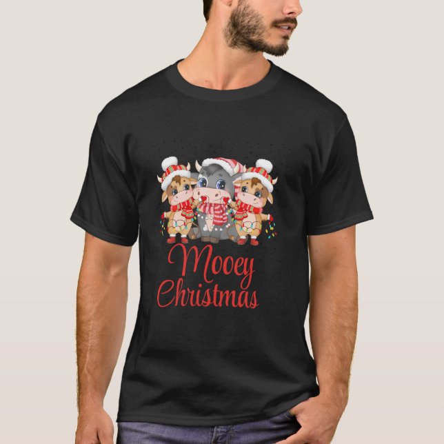 Camiseta Mooey Christmas Highland Cow Xmas Light Santa Hat (Frente)