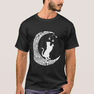 Camiseta Moon Cat Brincando Gato Engraçado Mandala Crescent
