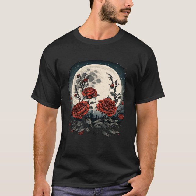 Camiseta Moon Red Roses Flowers Floral Botanist Gardener (Frente)