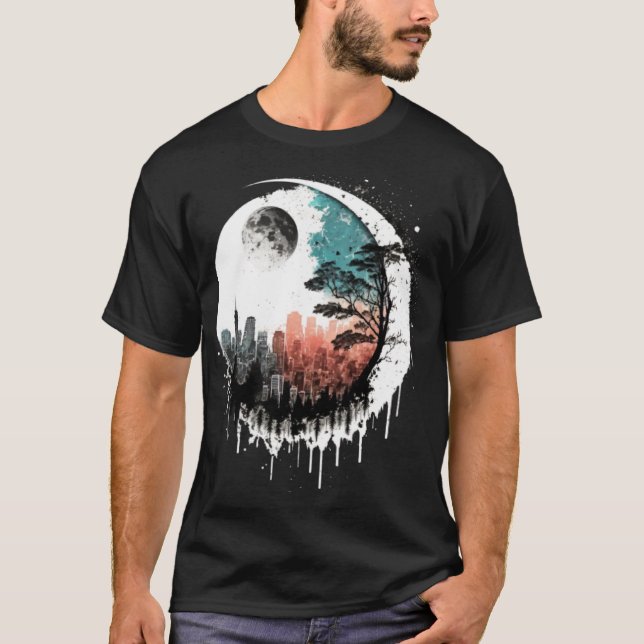 Camiseta Moon Skyline City By Night Crescent Moon Aesthetic (Frente)
