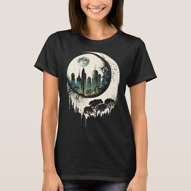 Camiseta Moon Skyline City By Night Crescent Moon Aesthetic (Frente)