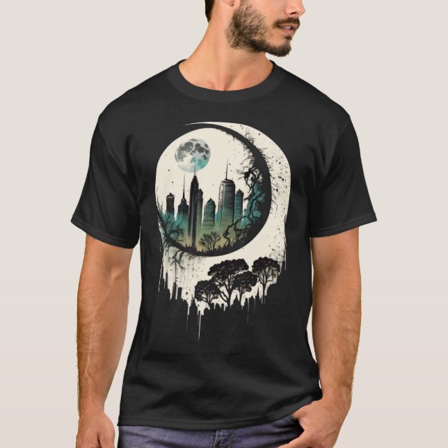 Camiseta Moon Skyline City By Night Crescent Moon Aesthetic (Frente)