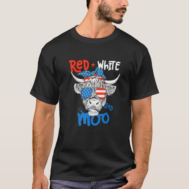 Camiseta Moorica Highland Cow Red White Blue 4 De Julho (Frente)