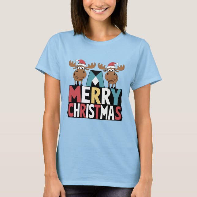 Camiseta Moose Engraçada em Santa Chapéu no Feliz Texto de  (Frente)