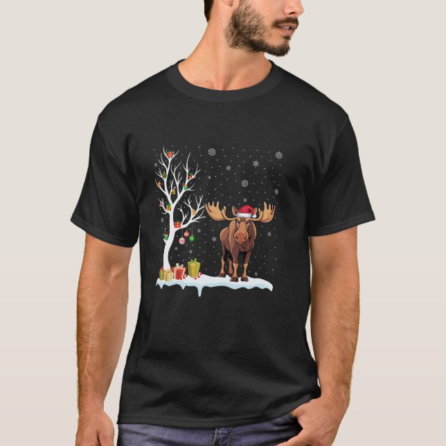 Camiseta Moose Santa Hera Árvore Festiva Luz Natal Pajam (Frente)