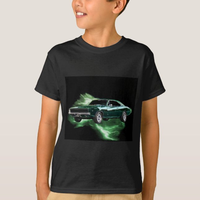 Camiseta Mopar: 'Carregador de 68 Dodge com relâmpago verde (Frente)