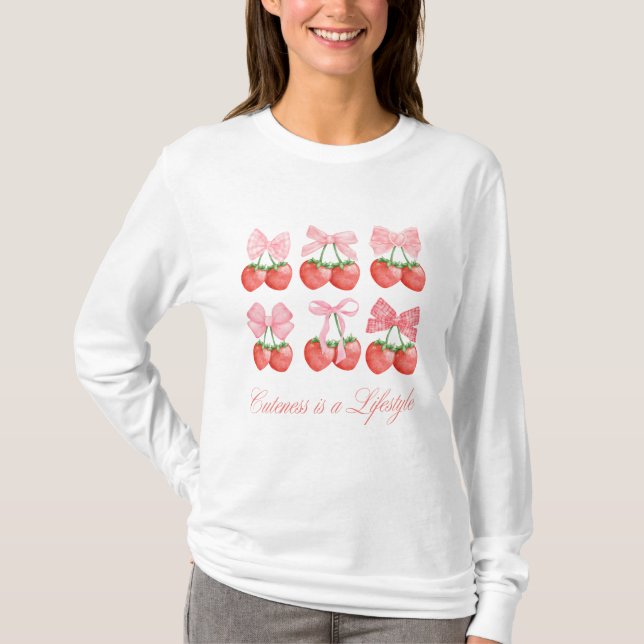 Camiseta Morango e Arcos Kawaii Design Long Sleeve (Frente)