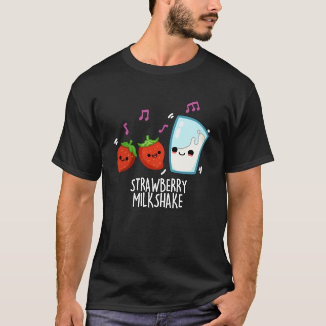 Camiseta Morango Leite Agitar Comida Engraçada Arma Escuro  (Frente)
