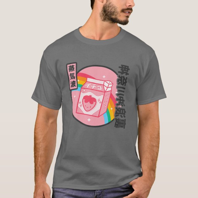 Camiseta Morango Leite Arco-Íris Japão Estilo Otaku Vaporwa (Frente)