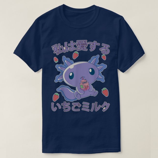 Camiseta Morango Leite Japão Animação Kawaii Axolotl Strawb (Frente do Design)