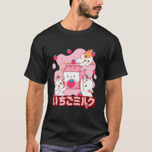 Camiseta Morango Rosa Leite Japonês Kawaii Cat