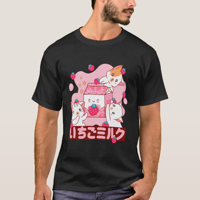 Camiseta Morango Rosa Leite Japonês Kawaii Cat (Frente)