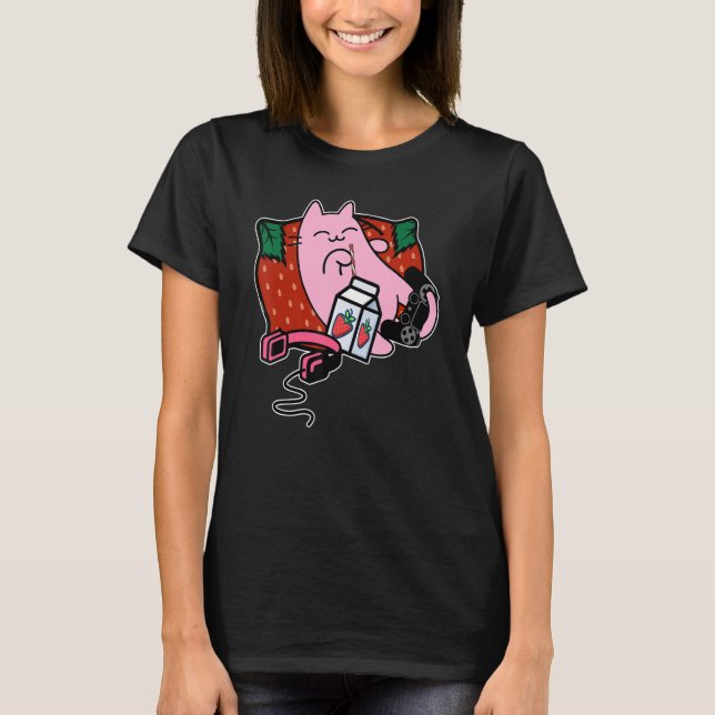 Camiseta Morango Saco Morango Leite Rosa Gato Rosa (Frente)