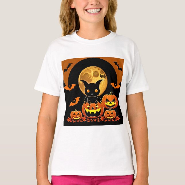 Camiseta Morcego de desenho animado e abóboras sob a lua ch (Frente)