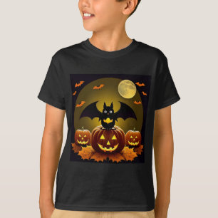 Camiseta Morcego de desenho animado e abóboras sob a lua ch