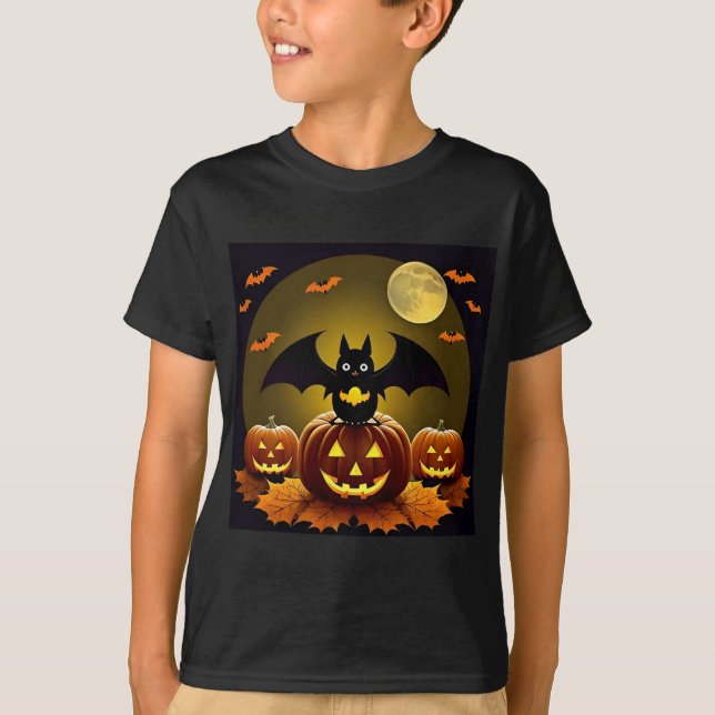 Camiseta Morcego de desenho animado e abóboras sob a lua ch (Frente)