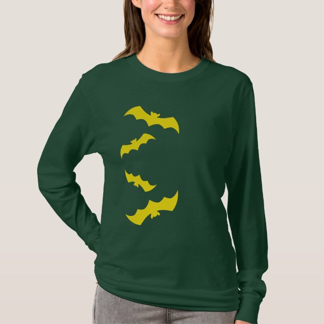 Camiseta Morcegos Amarelos Voadores de Halloween (Frente)