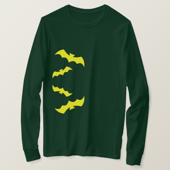 Camiseta Morcegos Amarelos Voadores de Halloween (Frente do Design)