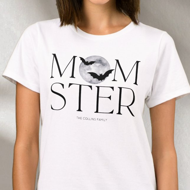 Camiseta Morcegos da Lua Preta Moderna Dia das Bruxas Mãe M (Modern Black Moon Bats Halloween Momster Mom T-Shirt)