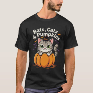 Camiseta Morcegos de Halloween Gatos e Abóboras Desenho de
