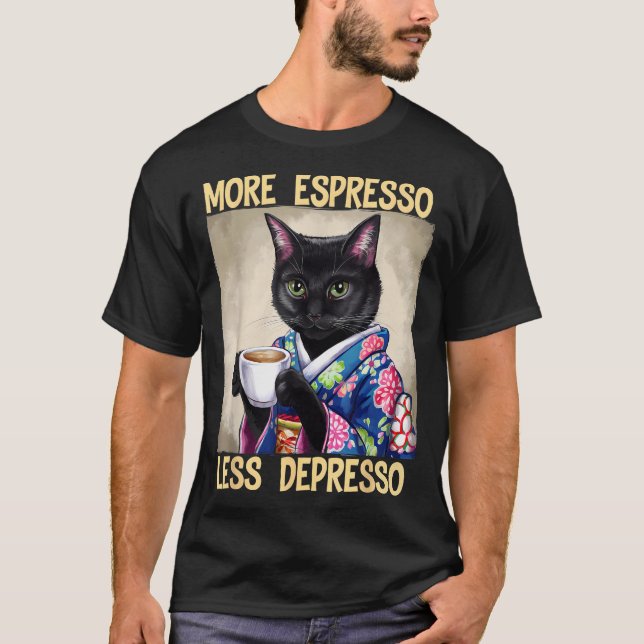 Camiseta More Espresso Less Depresso Japanese Art Funny Cat (Frente)