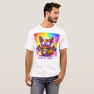 Camiseta 🦇🌈Morra de Medo Queer Morcego envolto em Arco-ír