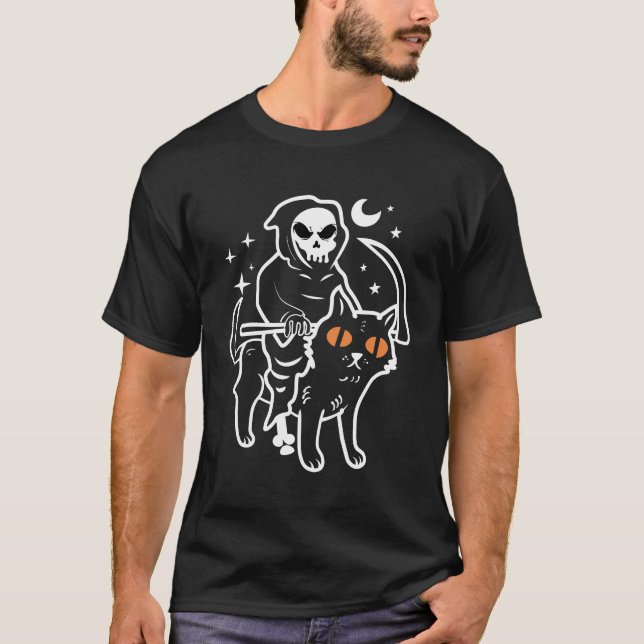 Camiseta Morte,Cavalo Fantasma Monta Um Gato Preto  (Frente)