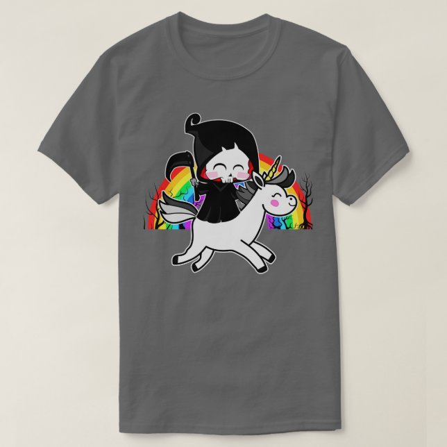Camiseta Morte É Magia Unicórn Grim Reaper Rainbow (Frente do Design)