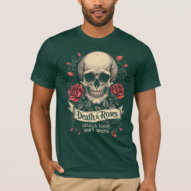 Camiseta Morte e Rosas: crânios têm manchas moles (Frente)