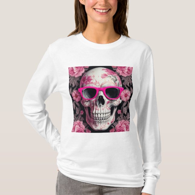 Camiseta Morto 3D, cor-de-rosa, , Caveira vestindo óculos e (Frente)