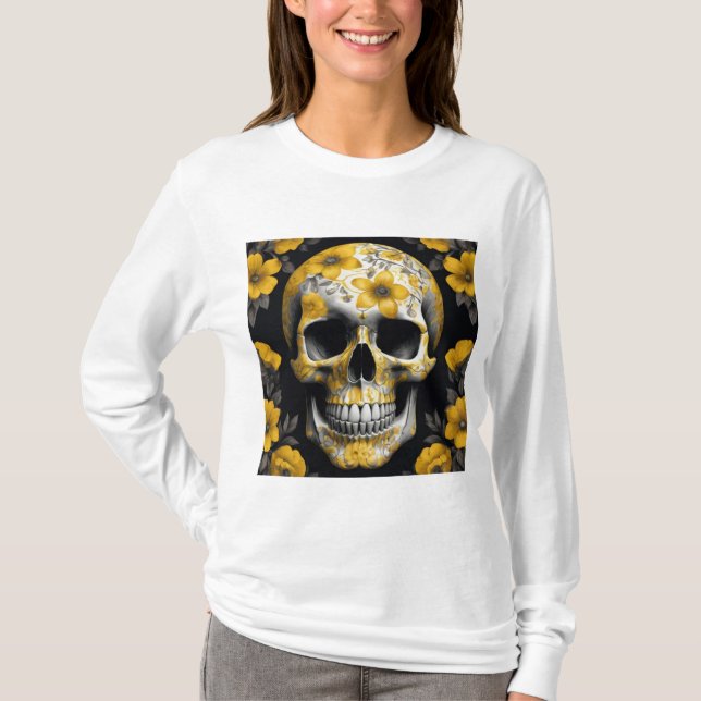 Camiseta Morto 3D Floral Amarelo Caveira com flores amarela (Frente)