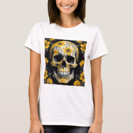 Camiseta Morto 3D Floral Amarelo Caveira com flores amarela