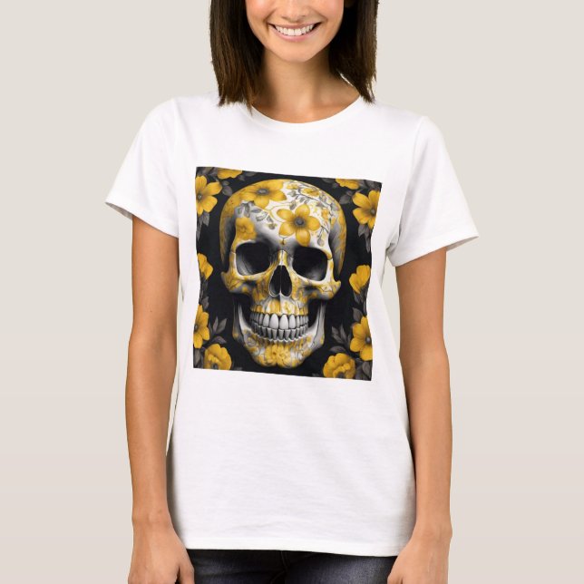 Camiseta Morto 3D Floral Amarelo Caveira com flores amarela (Frente)