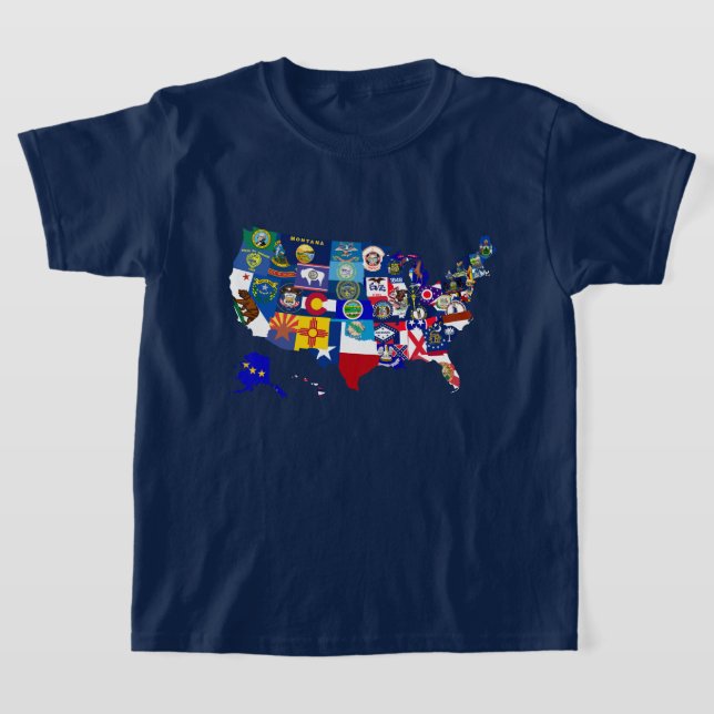 Camiseta Mosaico de Sinalizadores de Estado do Mapa America (Postura )