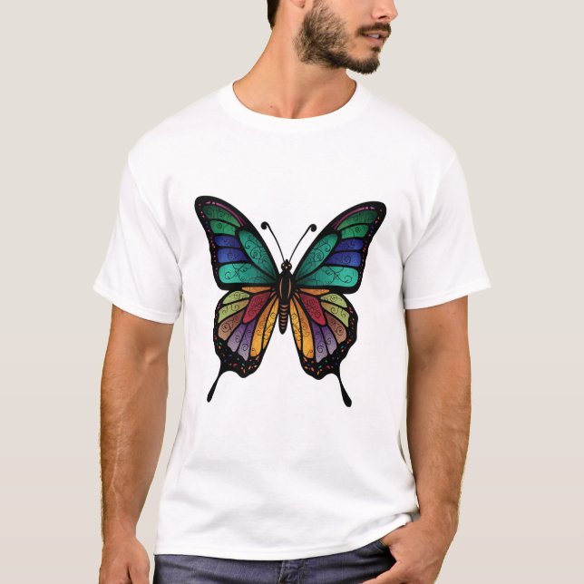 Camiseta Mosaik-Schmetterling In Regenbogenfarben (Frente)