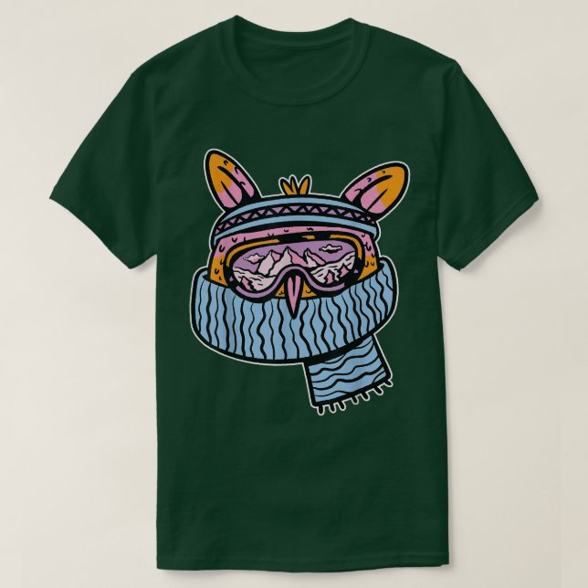 Camiseta Motif de coruja com cachecol e óculos de esqui par (Frente do Design)
