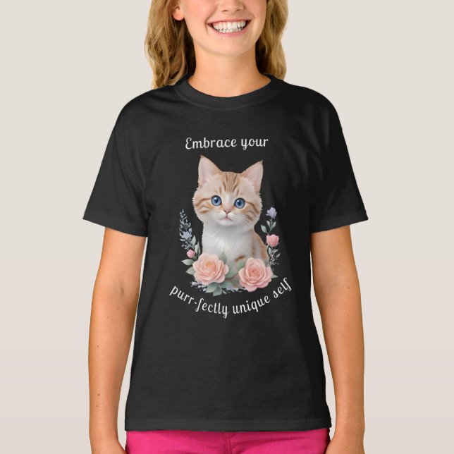 Camiseta Motivação de Design Floral de Gato Gato (Frente)
