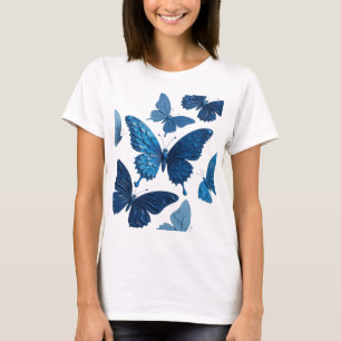 Camiseta Motivo Artístico de Borboletas Azuis Prateadas Vib