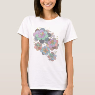 Camiseta Motivo Artístico Flores e Estrelas Cinza