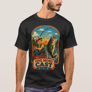 Camiseta motivo de pesca com barco e lago ao pôr do sol
