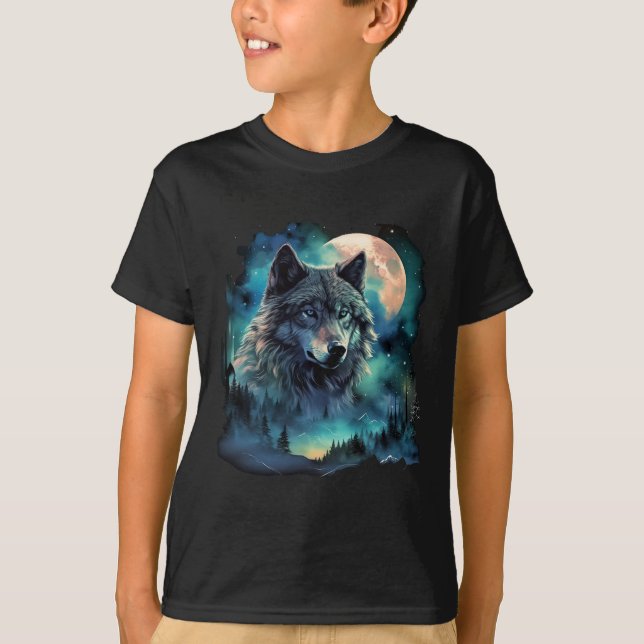 Camiseta Motivos de caça ao lobo das cinzas Galáxia da Lua  (Frente)